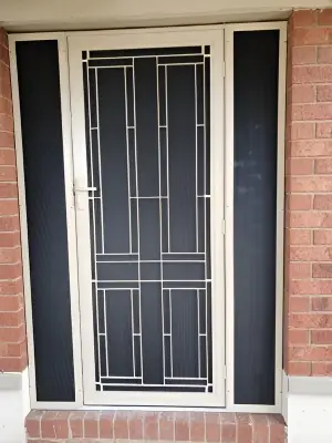 CB: 61 Clear Breeze Steel Melton Frame In PaperBark With Heavy Duty Privacy Mesh & Two Side Panels With Clear Breeze Privacy In Black.