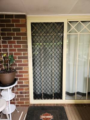 Standard Diamond Grille Screen Doors 9 CB: 66 Standard Diamond Black Grille in Primrose Frame With Tuff Screen Aluminium Mesh Sliding Screen Door.