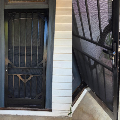 Steel Security Door After The Restoration Powder Coated In Black, Installed With High Strength Stainless Steel Black Mesh.