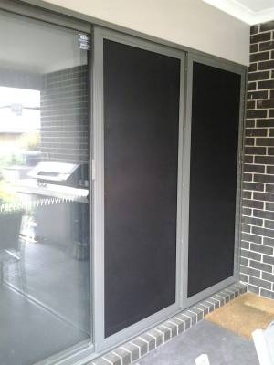 CB: 9 Stacker Sliders Perforated Black Mesh Door 900mm Each Screen Door wide Angle View In Woodland Grey Colour