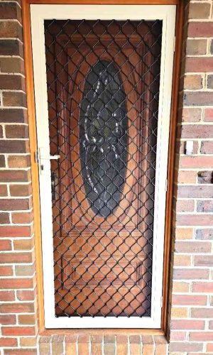 Cb: 64 Standard Diamond Black Grille In Primrose Frame With Tuff Screen Aluminium Mesh Hinged Screen Door.