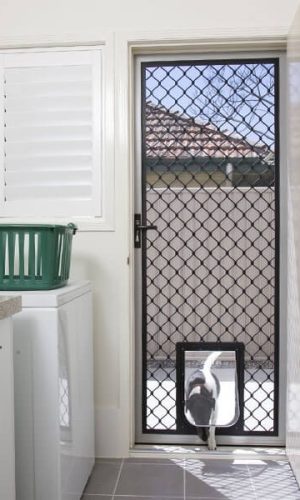 Standard Diamond Hinged Door With Pet Door Inside View. Clear Breeze Security Doors Melbourne